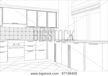 bstract sketch design interior kitchen. Illustration created of 3d