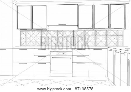 bstract sketch design interior kitchen. Illustration created of 3d