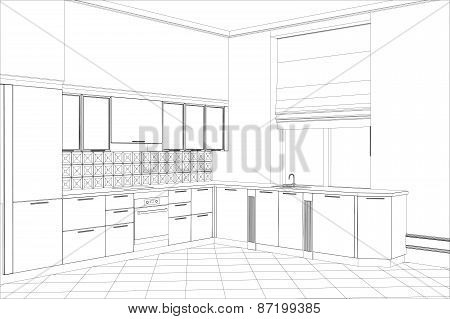 Facade kitchen vector sketch interior. Illustration created of 3d