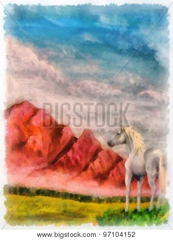 Horse On Mountain Meadow, Original Painting And Computer Post Production