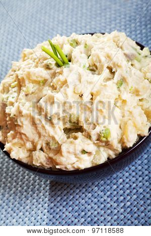Patato And Avocado Mash Garnished With Mayonnaise