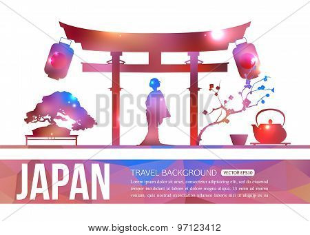 Japan travel background with place for text. Isolated Japan shining sightseeings and symbols. Geomet