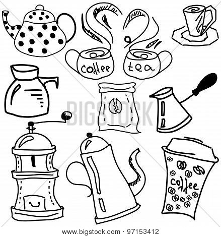 Drawn picture with coffee and tea stuff
