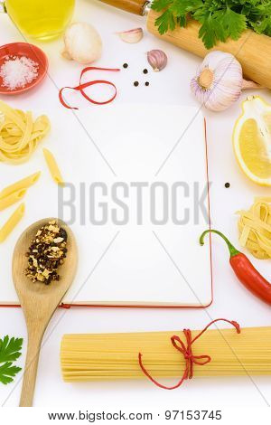 Italian Pasta With Vegetables And Mushrooms On Blank Notebook