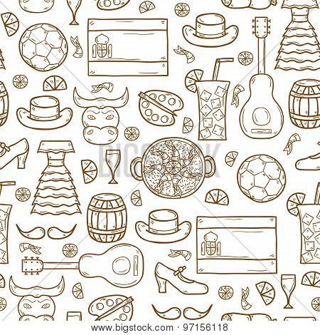 Seamless background with cartoon drawn objects on Spain theme: flag, bull, ball, flamenco, guitar, j