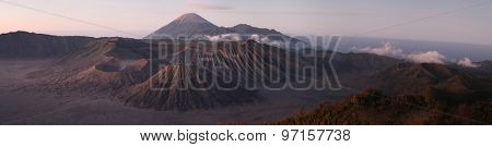 Sunrise over Mount Bromo (2,329 m) and the Tengger Caldera in East Java, Indonesia. Panorama from Mount Penanjakan (2,770 m).