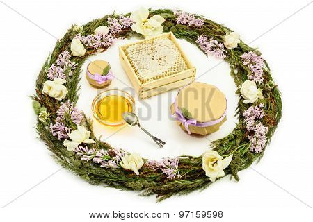 Honey, Herbs And Flowers On White Background.