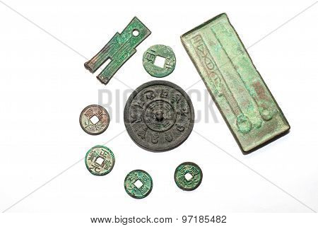 Ancient Chinese Bronze Coins On A White Background