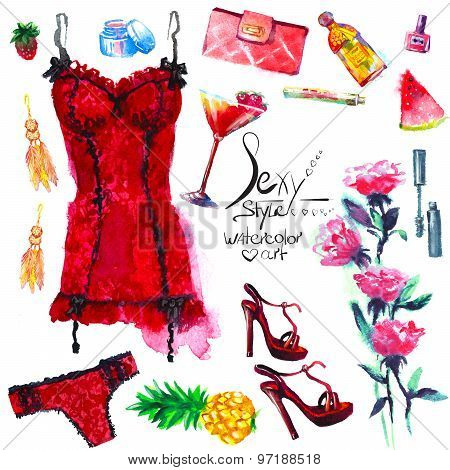 Sexy style. Set of trendy look, Watercolor