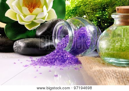 Natural Bath Salts Close Up On White Table Close Up