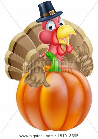 Cartoon thanksgiving turkey chef giving a thumbs up and wearing pilgrim hat behind a pumpkin