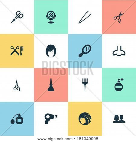 Vector Illustration Set Of Simple Cosmetics Icons. Elements Scissors, Manicure, Hairstyle And Other Synonyms Aroma, Glass And Perume.