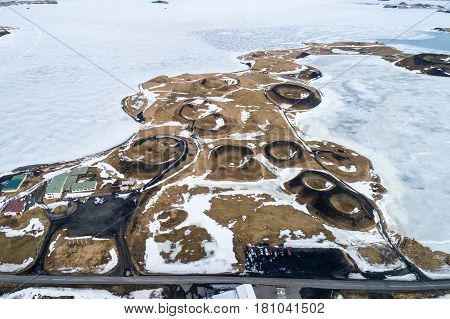 Aerial View Of Pseudocraters Near The Frozen Lake Myvatn - Northern Iceland
