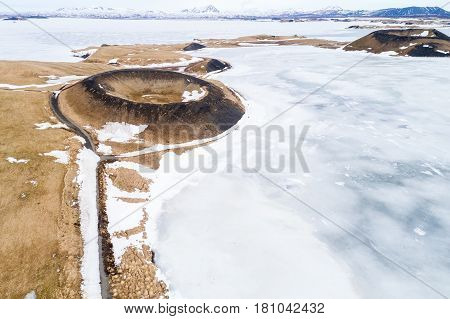 Aerial View Of Pseudocraters Near The Frozen Lake Myvatn - Northern Iceland