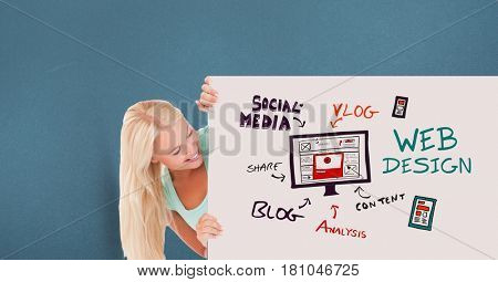 Digital composite of Smiling woman looking at billboard with various icons and text against turquoise background