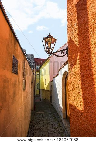 Donauworth, Germany - September 2016: along the narrow town streets