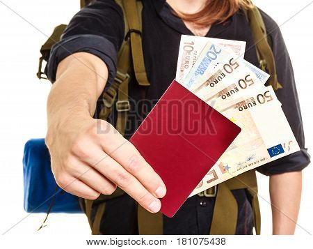 Tourist backpacker holding passport full of money. Human hiker backpacking. Summer vacation travel. Isolated on white background.