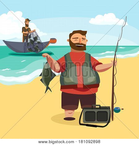 Happy fisherman stands and holds in hand fishing rod with spinning and fish catch, bag with fishman spin and equipment, funny cartoon vector illustration, Man active vacation banner or Flyer concept.