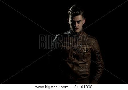 Handsome Man Posing In Brown, Leather Jacket