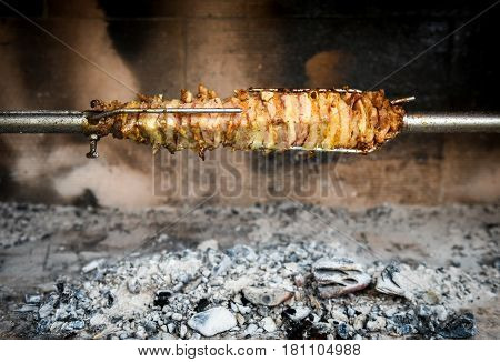 Making Home Made Cag Kebab Gyros With Fire And Charcoal.