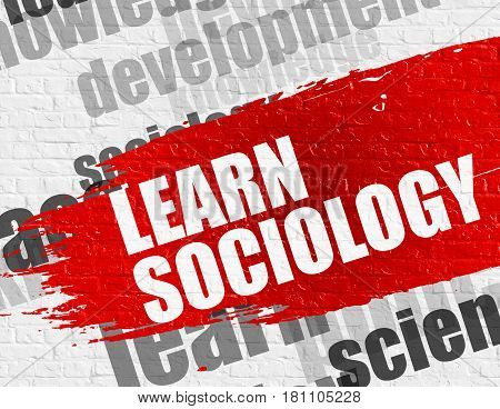 Education Service Concept: Learn Sociology on Brickwall Background with Wordcloud Around It. Learn Sociology Modern Style Illustration on the Red Distressed Brush Stroke.