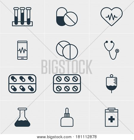 Vector Illustration Of 12 Medical Icons. Editable Pack Of Pills, Experiment Flask, Exigency And Other Elements.