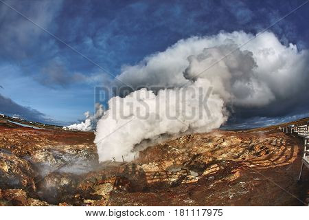 Gunnuhver Hot Springs at Grindavik, Iceland. The mud pools and steam vents on the southwest part of Reykjanes, Iceland.