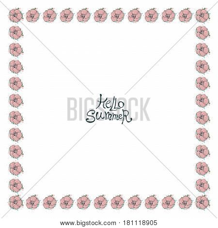 Vector floral frame with gentle pink flowers. Nature square hand drawn border on white background.