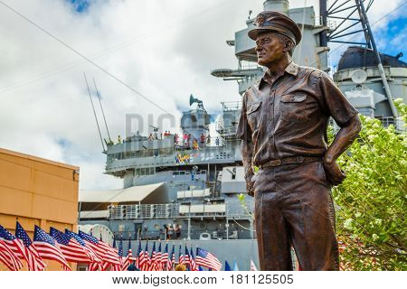 HONOLULU, OAHU, HAWAII, USA - AUGUST 21, 2016: bronze statue of Commander in chief of Pacific Fleet, Chester W. Nimitz who lead America to prevail in the Pacific sea against the Japan.