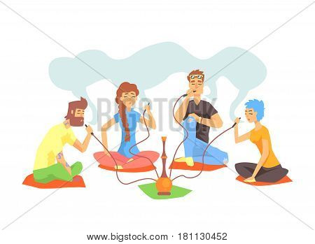 Young Cool Hipsters Smoking Hookah Sitting On The Floor Illustration With Smokers And Vapers. Cartoon Vector Characters Using Alternative Ways To Smoke Tobacco.