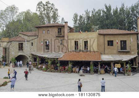 VAL'QUIRICO, TLAXCALA,MEXICO- MARCH 25, 2017: Medieval square with restaurants in Val'Quirico, a new town near to Tlaxcala, Mexico