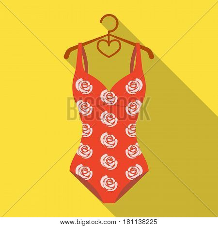 Crashing red swimsuit with a print of roses. Beach wear.Swimcuits single icon in flat style vector symbol stock web illustration.