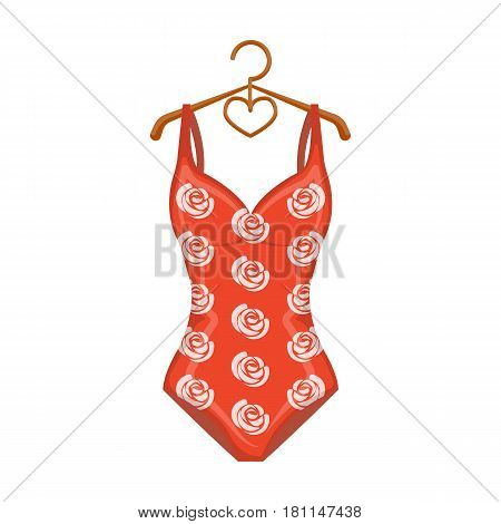 Crashing red swimsuit with a print of roses. Beach wear.Swimcuits single icon in cartoon style vector symbol stock web illustration.