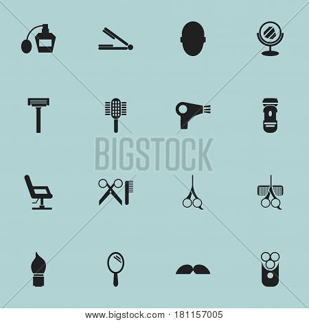 Set Of 16 Editable Tonsorial Artist Icons. Includes Symbols Such As Desiccator, Brains, Charger And More. Can Be Used For Web, Mobile, UI And Infographic Design.