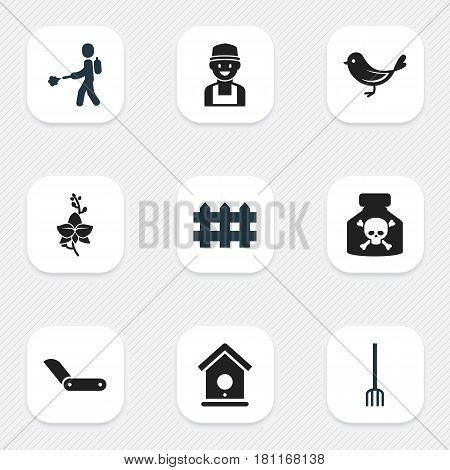 Set Of 9 Editable Plant Icons. Includes Symbols Such As Birdhouse, Clasp Knife, Wooden Barrier And More. Can Be Used For Web, Mobile, UI And Infographic Design.