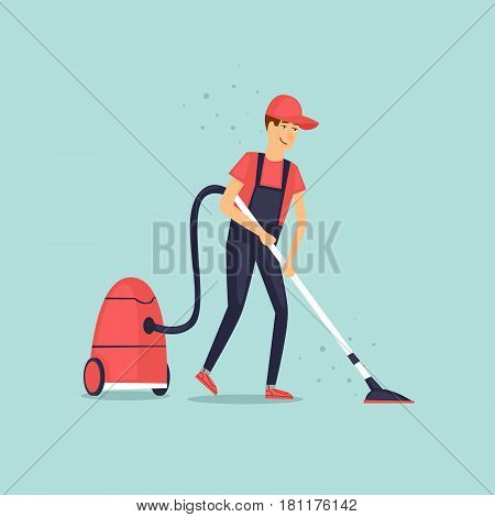 Worker dressed in uniform of cleaning service with a vacuum cleaner. Vector illustration flat style.
