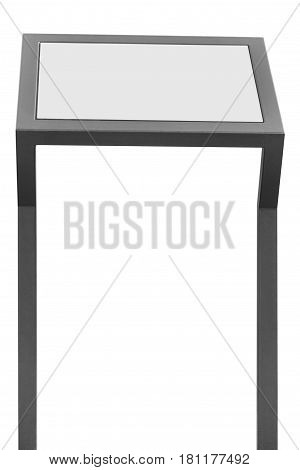 Info display stand grey metal rack info board isolated white horizontal framed meny copy space two vertical gray metallic poles poster presentation frame outdoor dispenser promotion marketing concept background