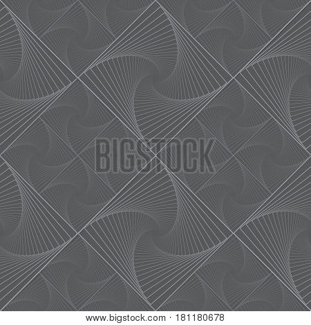 Dark vector seamless monochrome pattern with grid of twirly, spiral tiles for backdrop.
