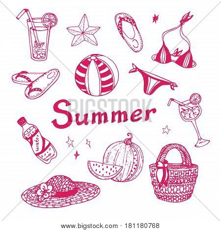 Summer vacation doodle set. Vector hand drawn illustration on white background for your design.