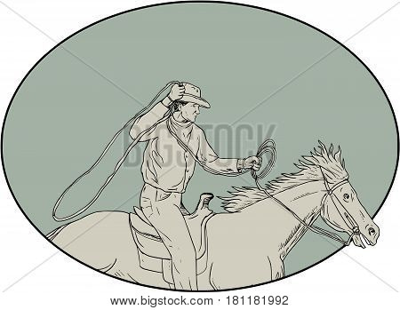 Drawing sketch style illustration of a cowboy holding lasso riding horse viewed from the side set inside oval shape.