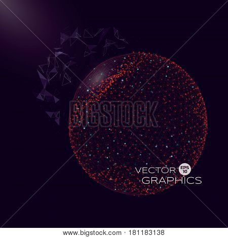 Vector 3d illustration of spherical object in space of micro or macro world. Isolated object consists of wireframe and particles with elements of explosion.