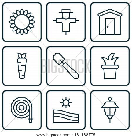 Set Of 9 Planting Icons. Includes Bush Pot, Shovel, Bugbear And Other Symbols. Beautiful Design Elements.