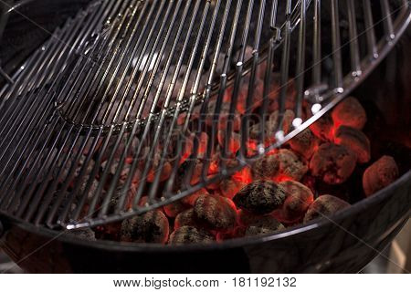 Empty Hot Charcoal Barbecue Grill With Flame.