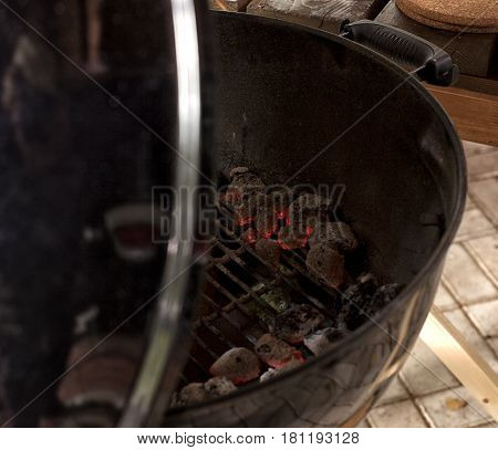 Empty Hot Charcoal Barbecue Grill With Flame.