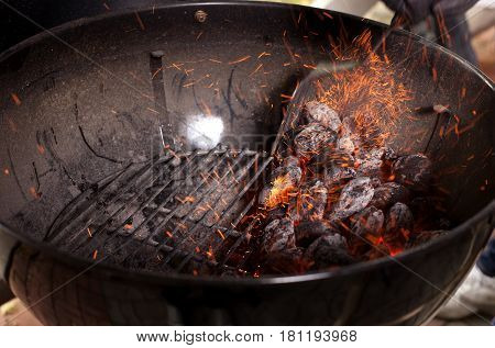 Empty Hot Charcoal Barbecue Grill With Flame.