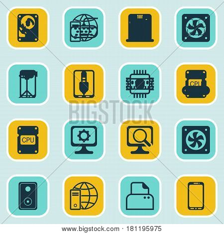Set Of 16 Computer Hardware Icons. Includes PC, Chip, Memory Card And Other Symbols. Beautiful Design Elements.