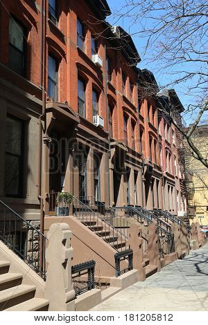 New York City brownstones at historic Brooklyn Heights neighborhood