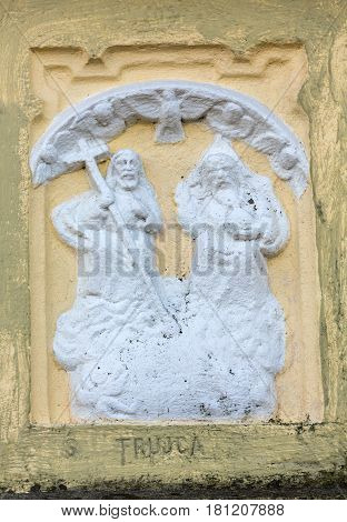 GOLKOWICE POLAND - DECEMBER 11 2015: Old Wayside shrine by an unknown artist in Golkowice near Cracow. Poland
