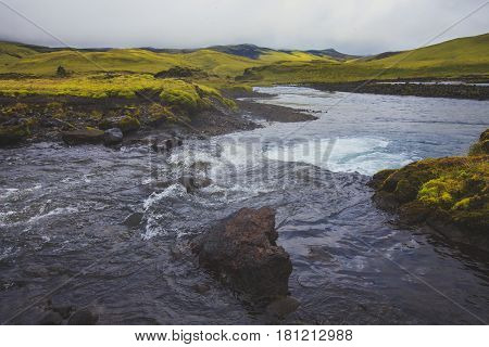 Famous icelandic popular tourist destination and hiking hub in Iceland's highlands Landmannalaugar colorful mountains landscape view, South Iceland