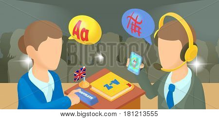 Translator horizontal banner concept. Cartoon illustration of translator vector horizontal banner for web